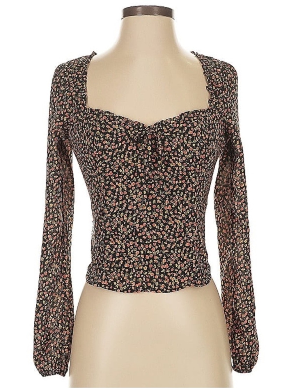 Abercrombie & Fitch Floral Square-Neck Long Sleeve Top Black/Pink XS